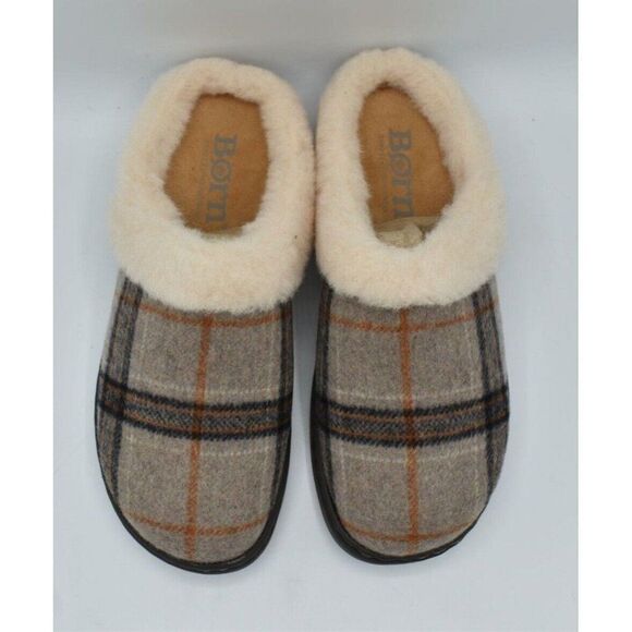 Born Womens Size 11 Ali Genuine Shearling Wool Trim White Plaid Slip On Slippers - Picture 6 of 12